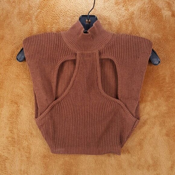 NBD Womens Top XS Brown Pullover Cut Out Crop Knit Turtleneck Shoulder Pads - Picture 1 of 7